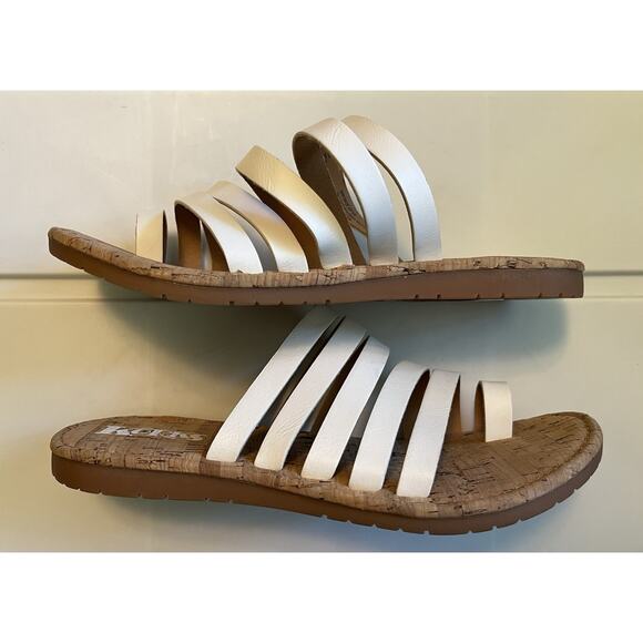 Korks Sandals Women's 8 M White Faux Leather Strappy Toe Ring Flat Cork Khela20 - Picture 7 of 9